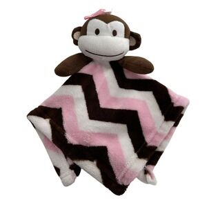 Baby‎ Monkey Lovey Security Blanket Pink Brown White Chevron Pattern Soft Plush